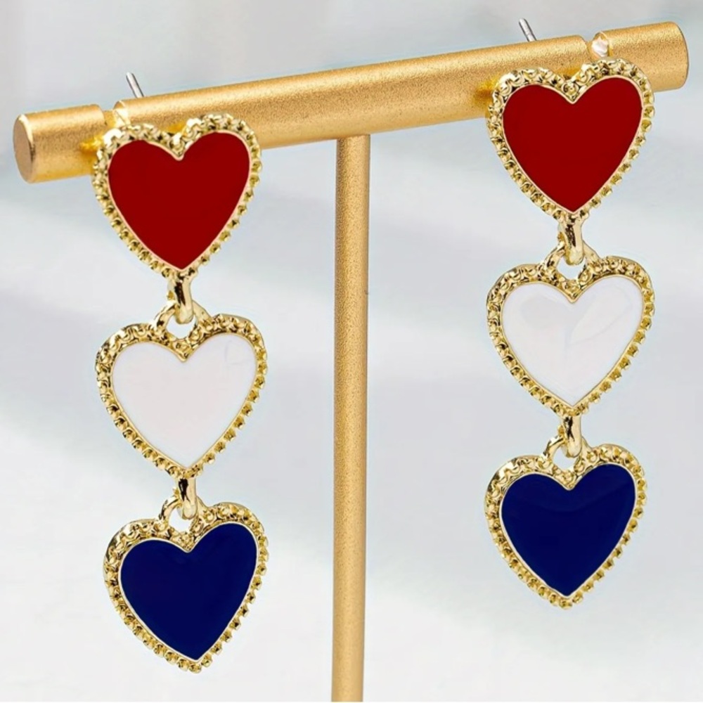 Red White & Blue Heart Patriotic Gold Toned Stud Earrings - Picture 4 of 4